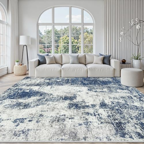 9x12 Area Rugs for Living Room Large Washable Abstract Blue Carpets