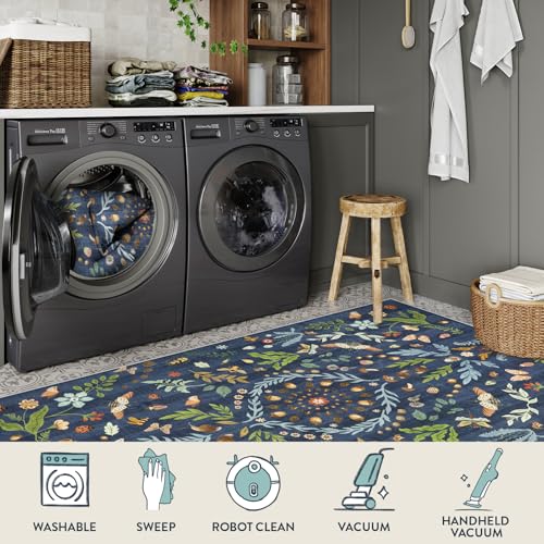 Lahome Washable Insect Botanical 5x7 Area Rugs for Nursery - Machine Washable Non-Slip Navy Blue Bedroom Rug, Boho Low Profile Soft Faux Wool Carpet for Living Room Laundry Playroom Dining Room