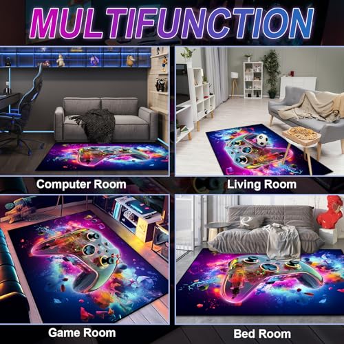 Gaming Area Rug Teen Boys Carpet, 3D Transparent Gamepad and Colorful Bomb Background Game Controller Design for Game Room, Gaming Room, Boys Girls Bedroom Playroom, Living Room (60" x 40")