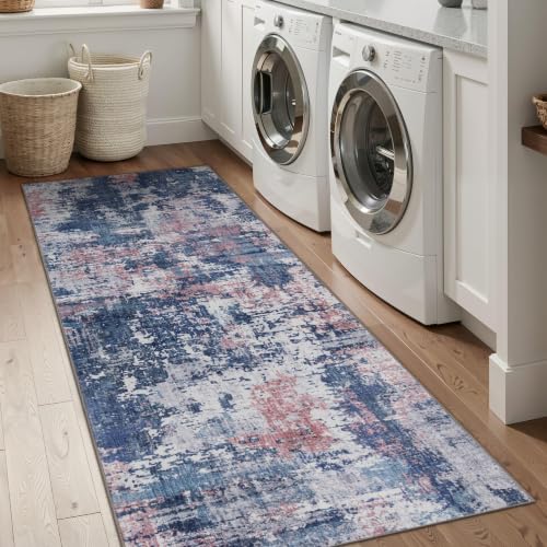 Sasttie 2x8 Runner Rug, Modern Abstract Hallway Carpet, Pink & Blue