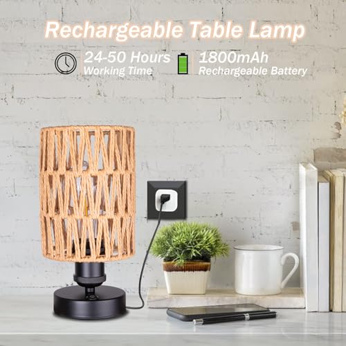Cordless Rechargeable Outdoor Table Lamps, Battery Operated Table Lamp, Stepless Dimmable for Patio, Living Room, and Bedroom (Bulb Included) - Set of 2 (Beige)