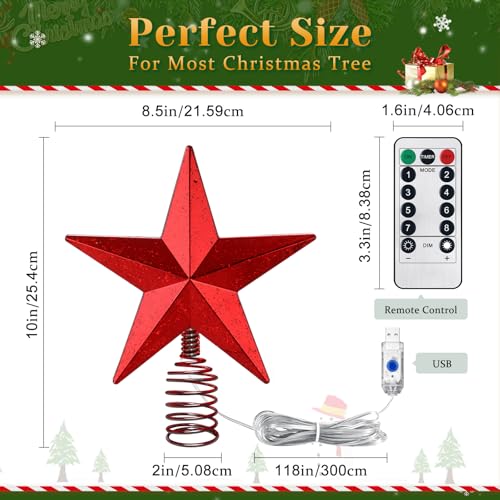 Red Christmas Tree Star Topper with Lights, 8.5-Inch Light-Up Christmas Tree Topper with Remote Control, 4 Brightness Levels & 8 Light Modes, Faux Mercury Glitter Design with 20 Lights
