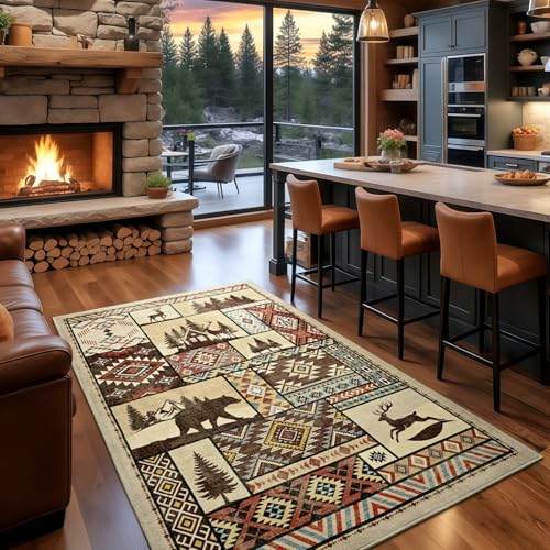 Rustic Cabin Area Rug 3x5 Entryway Rugs,Washable Lodge Bear Rug