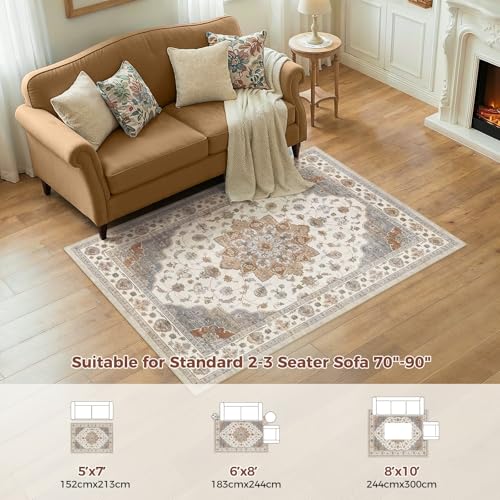 Washable Area Rug 5x7 Non-Slip Floral Boho Carpet, Beige/Ivory