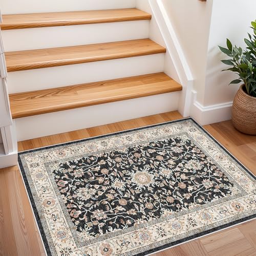 2x3 Washable Hallway Runner Rug - Non-Slip Stain Resistant Runner Rug Durable Kitchen Rugs and Mats Non Skid Waterproof Indoor Carpet Ultra Soft Runner for Living Room Bedroom Bathroom (Black, 2X3)