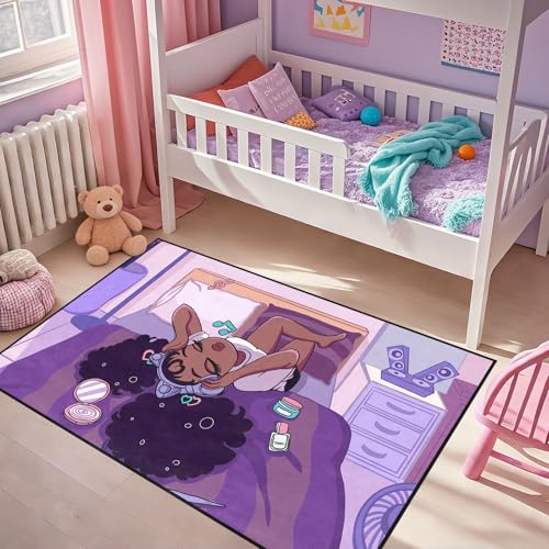 Afro Black Girls Rugs for Living Room Purple Carpets for Bedroom Black Girls Home Decor Art Music Girl Sofa Floor Mats Yoga Mats, 47" x 31" (2.7 x 3 Feet)