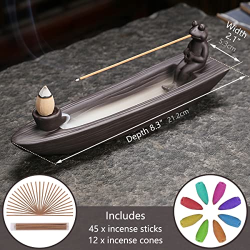ChangWanna Frog Incense Holder Waterfall - Ceramic Cone Backflow Incense Burner Smoke Fountain, Back Flowing Incense Diffuser with 45 Sticks & 12 Cones, Frog Ornament for Aromatherapy/Yoga/Home Decor