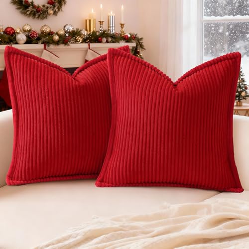 Mecatny Corduroy Throw Pillow Covers 22x22 Set of 2 Christmas Red