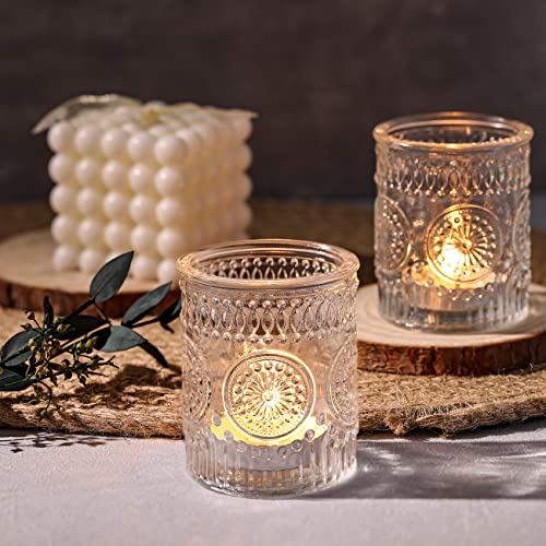 DARJEN 4PCS Clear Votive Candle Holders - Glass Candle Holder for Tea Light Candle, Embossed Tealight Candle Holder for Wedding Centerpiece, Living Room & Home Table Decor