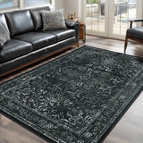 Vintage Dark Area Rugs 5x8, Non Slip Washable Rug for Living Room Bedroom, Medallion Distressed Printed Low Pile Thin Carpet Rugs for Dining Room/Kitchen/Home Office, Black and White