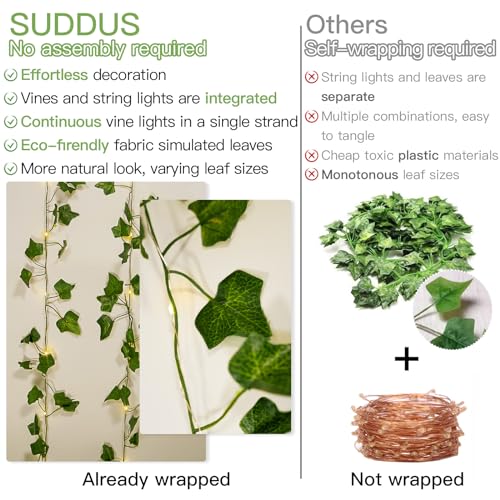 suddus Fake Vines with Lights Battery Operated, 20 LED 6.56FT Ivy Garland Fairy Lights with Timer, Leaf String Lights for Bedroom,Room,Window,Wall,Party,Garden,Wedding Indoor Decor (Warm White)