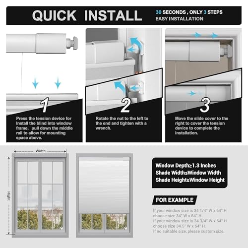 Boolegon No Drill No Tools Cellular Shades Top Down Bottom Up Honeycomb Blinds Blackout Cordless Window Blinds Easy to Install Cellular Shade for Windows,Blackout-White,34.5" W x 64" H..
