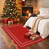 Washable 3x5 Christmas Rug, Soft Non Slip Indoor Door Mat Solid Red Entryway Rugs Stain Resistant Scalloped Carpet for Bedroom Kitchen Home Office