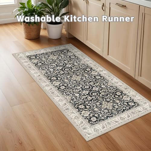 Small Washable Runner Rugs for Entryway: Kitchen Mats Vintage Throw Carpet 2x4 Black Beige - Non-Slip Stain and Water Resistant Soft Low-Pile Thin Rug for Hallway Bathroom Bedroom