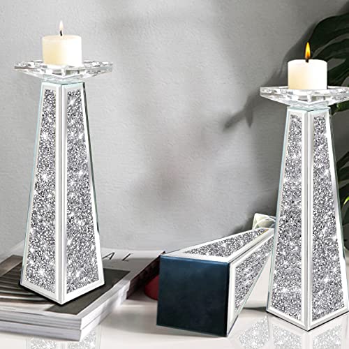 Wocred 2 Piece Candlestick Holders for Holding Pillar Candles, Crystal Crushed Diamond Candle Holders Set Decor for Dinning Room, Silver Glass Votive Candle Holders for Table Centerpiece(12”)