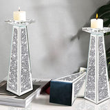 Wocred 2 Piece Candlestick Holders for Holding Pillar Candles, Crystal Crushed Diamond Candle Holders Set Decor for Dinning Room, Silver Glass Votive Candle Holders for Table Centerpiece(12”)