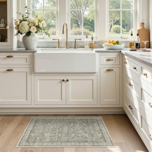 Modern Faromhouse Neutral Entryway Rug 2x3, Washable Non Slip Kitchen Bathroom Rugs, Transitional Small Rug for Bedroom Soft French, Low Pile Thin Door Mat Indoor Entrance, Gray/Beige/Olive