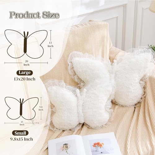 XVTRU Butterfly Pillow White Decorative Pillows 15" Butterfly Shaped Cute Throw Pillows with Lace Aesthetic Bow Plush Cushion for Room Decor Bed Sofa Couch