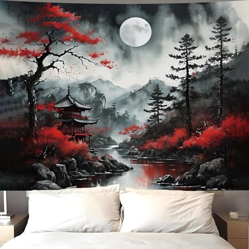 Atrippy Anime Japanese Wall Tapestry for Bedroom Aesthetic, Black Forest Moon Tapestry Wall Hanging, Vintage Nature Mountain Art Decor Tapestries Dark Landscape Backdrop for Living Room 51"X60"