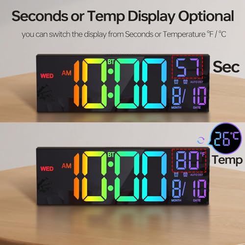 JALL 16.2" Large Digital Wall Clock with Bluetooth Sync, RGB Digital Clock Large Display with Auto DST, Wall Clock for Classroom Bedroom Gym Office, Led Clock for Seniors (Black)