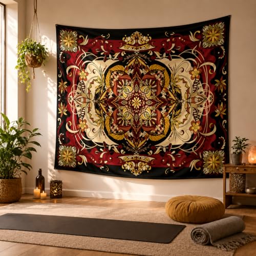 CHDGDHC Red Moth Tapestry, Boho Mandala Wall Decor, 79.92x59.84 in | Boho red moth mandala tapestry for bedroom walls, dorm decor, living rooms, and hippie psychedelic aesthetic spaces.