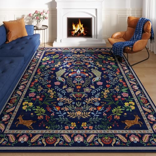 Rugcomf Round Area Rug 4ft Floral Washable Non Slip, Blue