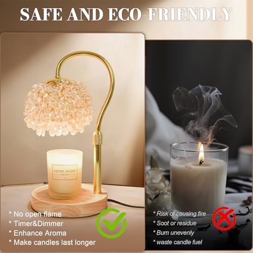 Hisummer Candle Warmer Lamp with Timer, Dimmable Candle Lamp Warmer with 312 K9 Crystals Adjustable Height Electric Candle Warmer for Women Gifts, Wax Warmer Lamp with 2 Bulbs for Jar Candles