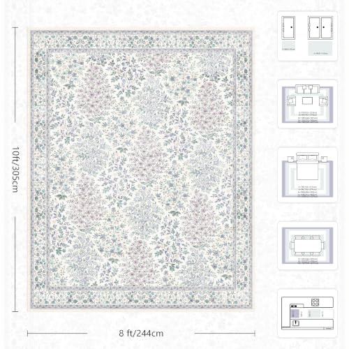 8x10 Area Rug for Living Room Low Pile Boho Machine Washable Floral Rugs for Dining Room, Bedroom, Nursery with Non-Slip Back(Purple Floral)