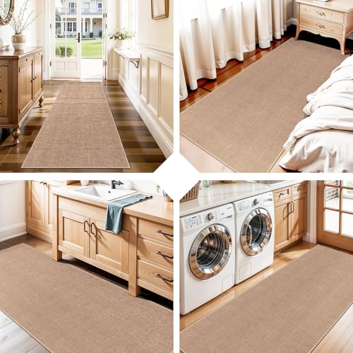 2x6 Jute Woven Runner Rug: Non Slip Backing Solid Color Easy Clean Hallways