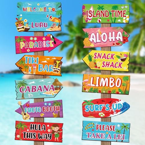 24 Pieces Luau Party Decorations Hawaiian Party Welcome Directional Sign Summer Tropical Party Sign for Luau Hawaiian Theme Party Decorations Birthday Party Supplies