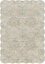 Scalloped Rug Runner 2'6x12 Floral Washable Rug Beige Sage Green