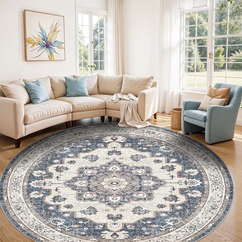 Washable Living Room Circle Rug: 6ft Round Rugs for Bedroom Dining Room Indoor Oriental Ultra Thin Soft Carpet Water Resistant Floral Distressed Non-Shedding Floor Carpets Home Decor (6ft-Round,Blue)