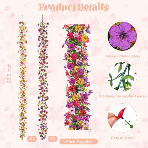 Ammyoo Artificial Flowers Garland Ivy, 4 Pack 5.9 FT Spring Summer Decor UV Resistant Fake Mums Floral Vine Silk Daisy Hanging Flower for Home Garden Wedding Decor Photo Booth Backdrop(Mix)