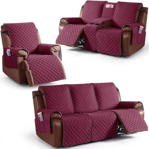 KinCam 100% Waterproof Recliner Loveseat Cover with Console X1, Recliner Couch Covers X1, Recliner Chair Covers X1(Burgundy)