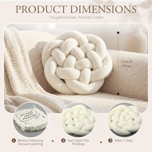 Novabright 2 Pack White Knot Pillow Balls 16x16 Handmade Knot Throw Pillows Plush for Couch Sofa Bedroom Living Home Decor Modern Round Aesthetic Accent Cushions