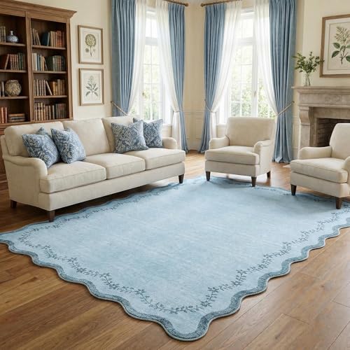 GarveeHome 5x7 Scalloped Area Rug Blue Washable Bedroom Living Room Rug