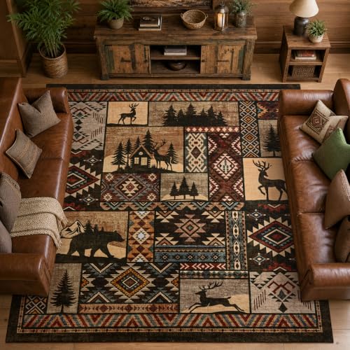 8x8 Square Cabin Area Rug,Western Rug for Living Room Bedroom,Brown