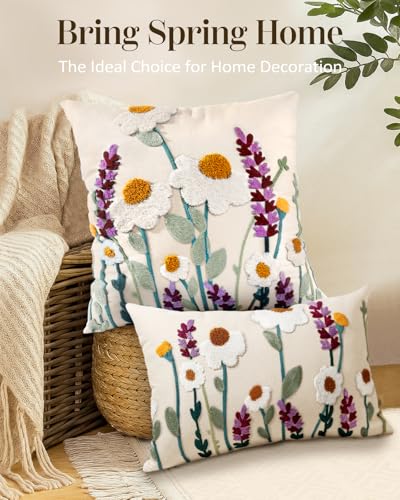 Embroidered Throw Pillow Cover, 20x20 Inch, Wildflower