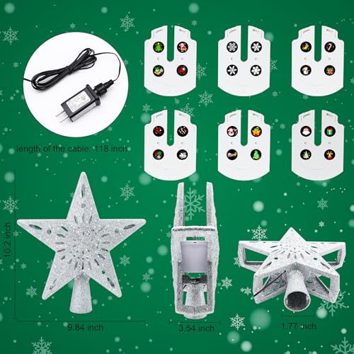 Christmas Tree Topper Projector Lights with 6 Projection Modes, Sliver Star Christmas Tree Topper with Built-in LED Projector, Dynamic Projection for Christmas Party Holiday Decoration