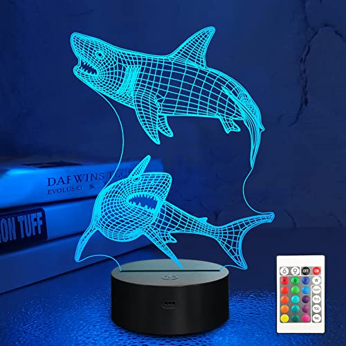 Lampeez Shark Gifts for Boys – Kids Shark Night Light 3D Optical Illusion Lamp with 16 Colors & Remote Control, Cool Shark for Boys Girls Birthday