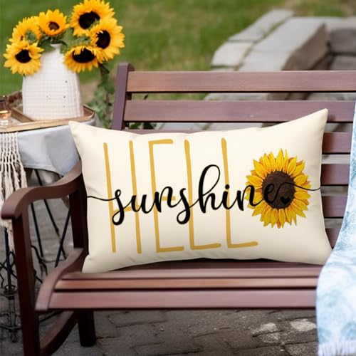RABUSOFA Hello Sunshine Quote Sunflower Spring Summer Pillow Covers,Seasonal Outdoor Decorative Cushion Case Summer Decorations for Home Sunflower Decor 12x20 Inch