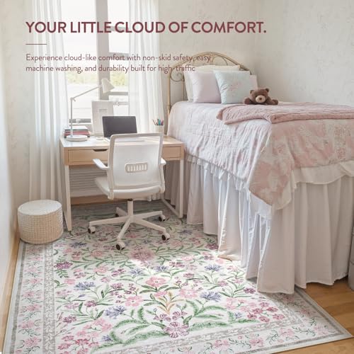 Lahome Boho Purple Floral 5x7 Area Rugs, Washable Rugs for Bedroom Nursery