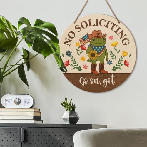 Funny Frog No Soliciting Sign for House Front Door, Go on Git, No Soliciting Wood Hanging Sign for Home Entryway Yard Wall