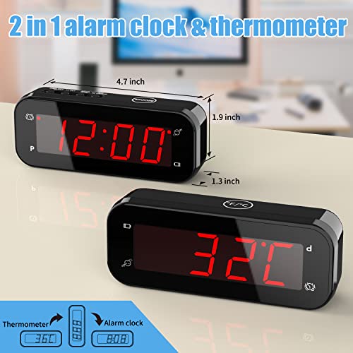 KWANWA 2-in-1 Digital Alarm Clock with Indoor Thermometer – Flip to Show Temperature, Battery Operated, LED Display, Adjustable Brightness, Auto Dimming, Snooze, Portable Size, Travel Clock for Office