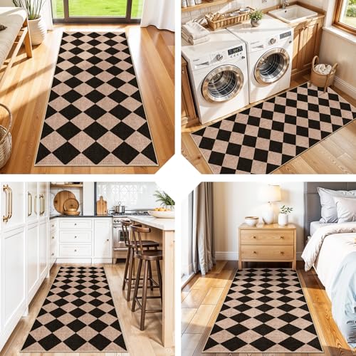 Easy Jute 2x5 Runner Rug: Non Slip Checkered Machine Washable Entryway Mats