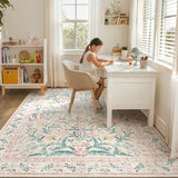 Pink Area Rugs for Living Room 9x12, Washable Boho Floral Large Rug for Bedroom, Soft Non-Slip Thin Carpet for Nursery Playroom Dorm Dining Room Girls Home Decor