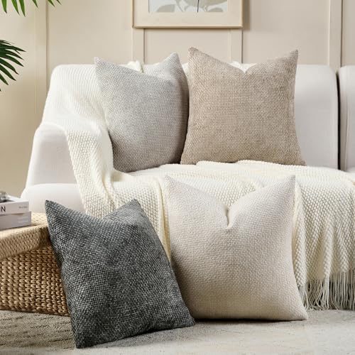 Volcanics Boho Throw Pillow Covers 20x20 Set of 4, Neutral Chenille Decorative Cushion Covers for Couch, Sofa, Bedroom, Living Room, Farmhouse & Mid-Century Modern Home Decor