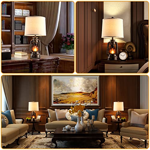 Farmhouse Lantern Table Lamps for Living Room Set of 2, Vintage Bedroom Resin Lamp with Dual USB Charging Ports, Rustic Retro Bedside Nightstand Desk Lamp, 4 Bulb Included