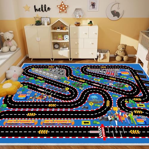 Kids Car Rug for Play Toy Cars, 31''x47'' Race Track Playmat Carpet Kid Play Road Rug for Playroom Classroom Kids Room,Karting Road Racing Track Floor Mat Rugs for Bedroom.