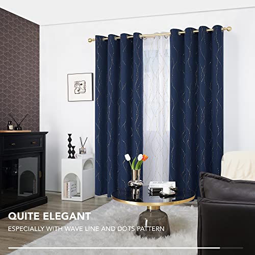 Deconovo Blackout Curtains 2 Panels for Bedroom and Living Room, Gold Foil Wave Lines and Dots, Thermal Insulated Room Darkening Grommet Window Drapes for Nursery, Navy Blue, 52W x 84L Inch